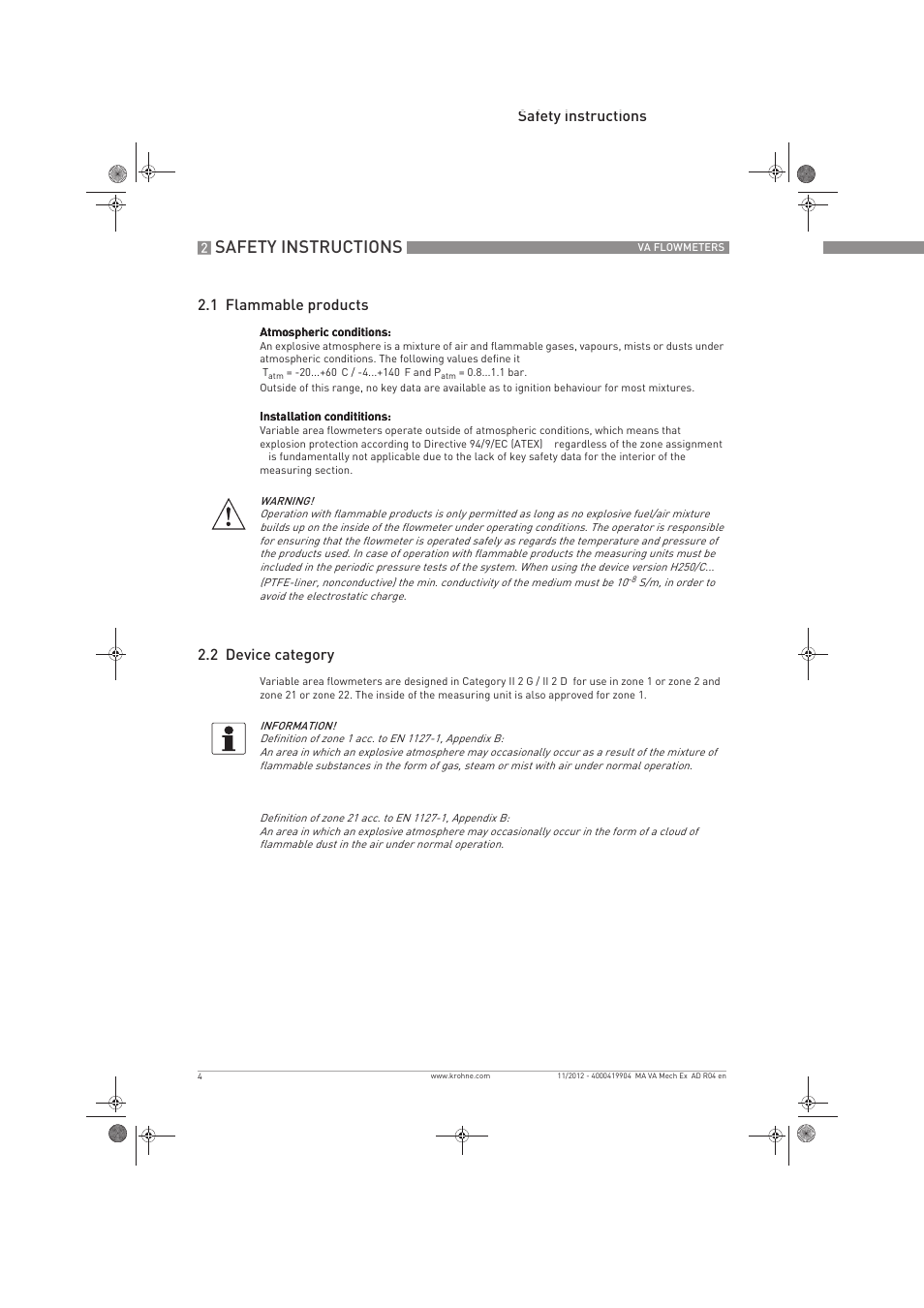 Safety instructions, Safety instructions 2.1 flammable products, 2 device category | KROHNE VA FLOWMETERS EN User Manual | Page 4 / 20
