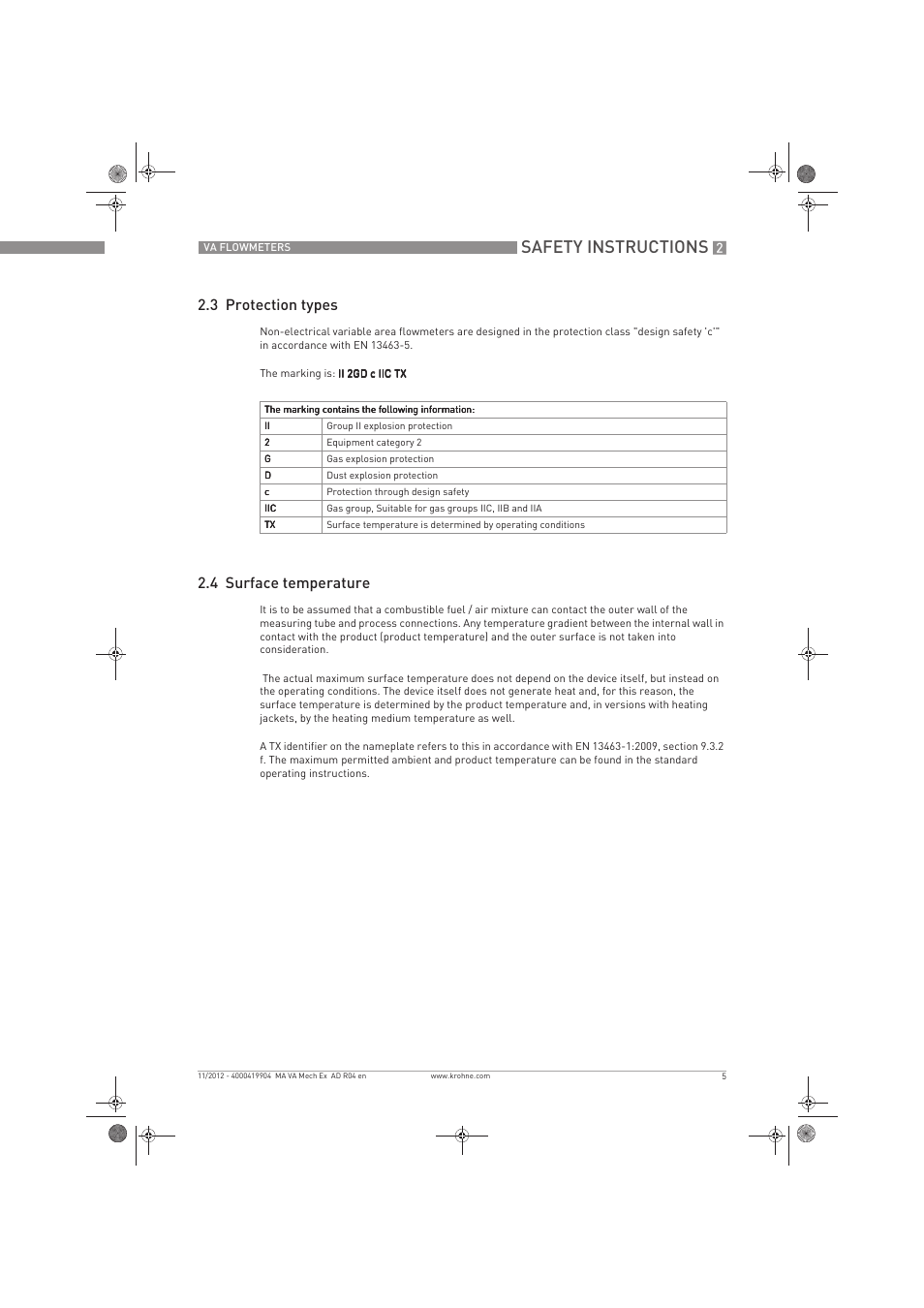 Safety instructions, 3 protection types, 4 surface temperature | KROHNE VA FLOWMETERS EN User Manual | Page 5 / 20