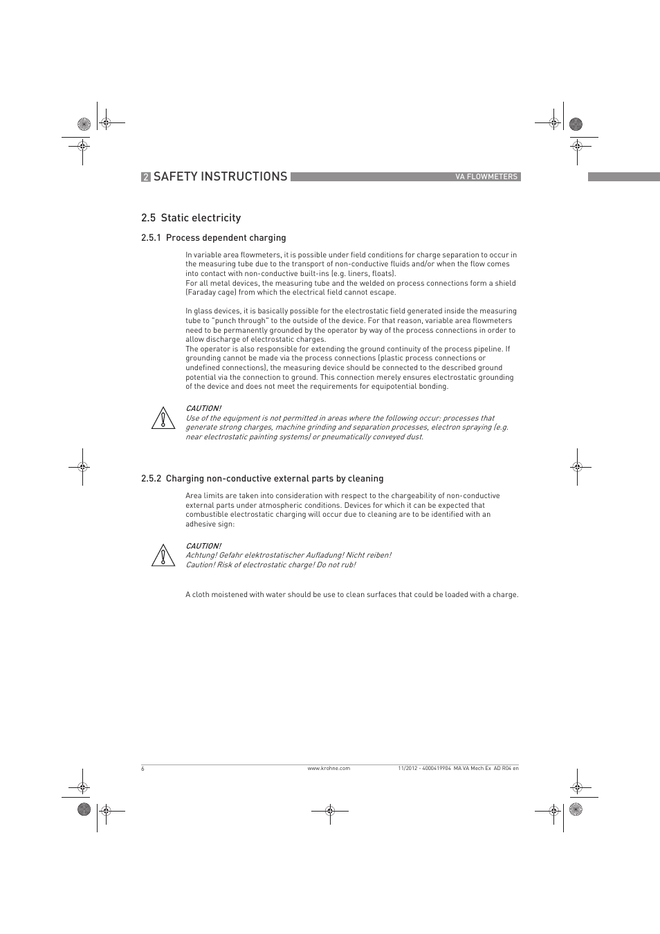 Safety instructions, 5 static electricity | KROHNE VA FLOWMETERS EN User Manual | Page 6 / 20