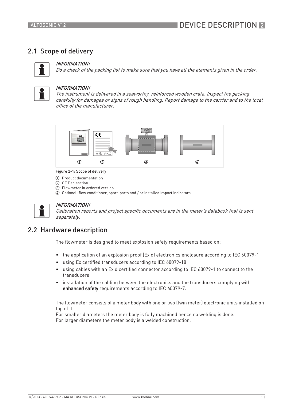 Device description, 1 scope of delivery 2.2 hardware description | KROHNE ALTOSONIC V12 EN User Manual | Page 11 / 144