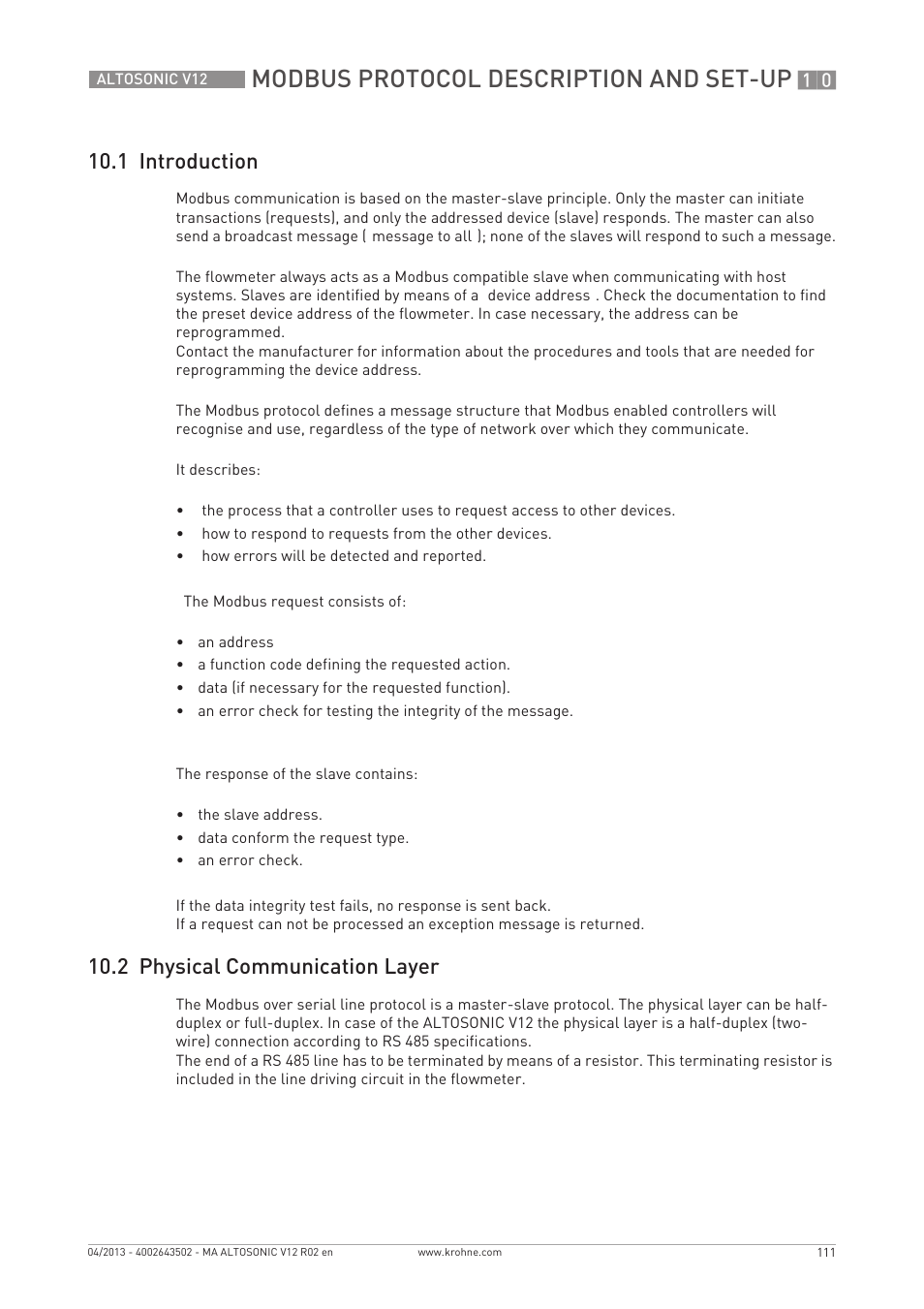 Modbus protocol description and set-up, 1 introduction, 2 physical communication layer | KROHNE ALTOSONIC V12 EN User Manual | Page 111 / 144