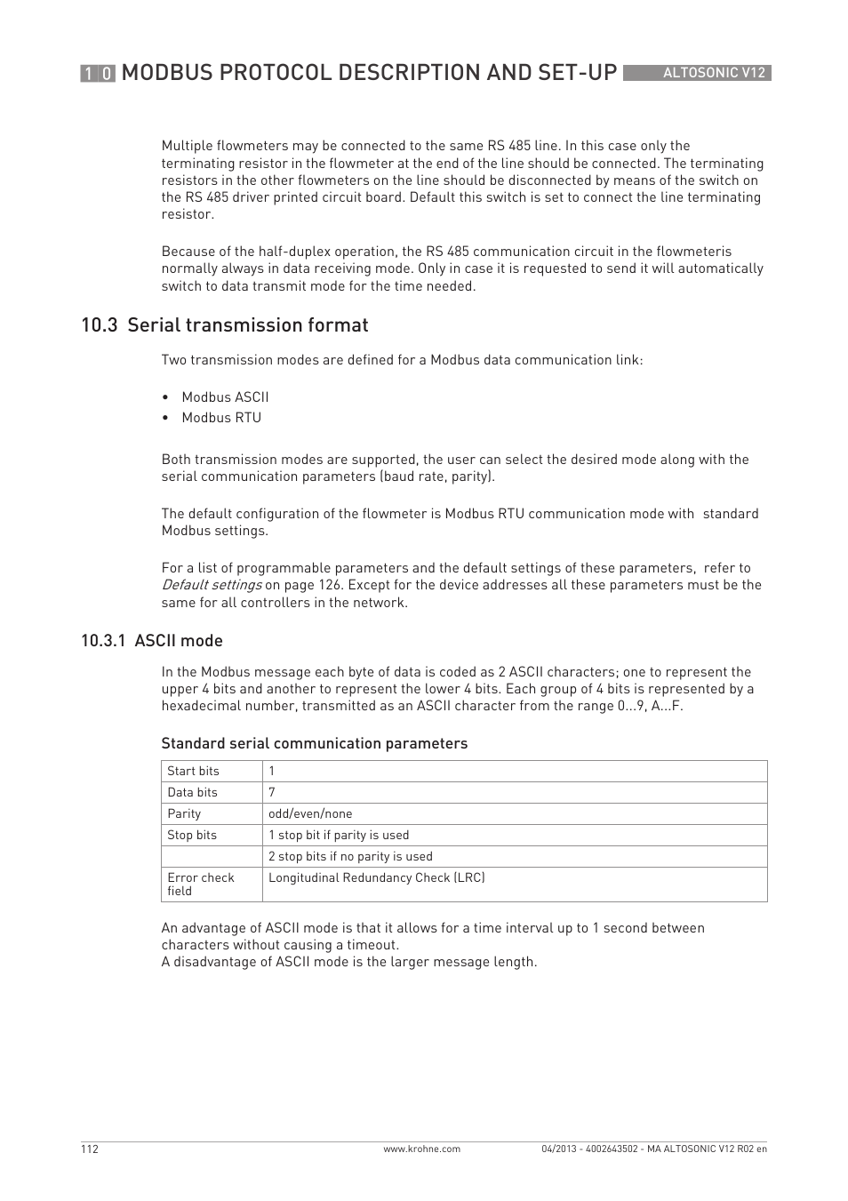 Modbus protocol description and set-up, 3 serial transmission format, 1 ascii mode | KROHNE ALTOSONIC V12 EN User Manual | Page 112 / 144