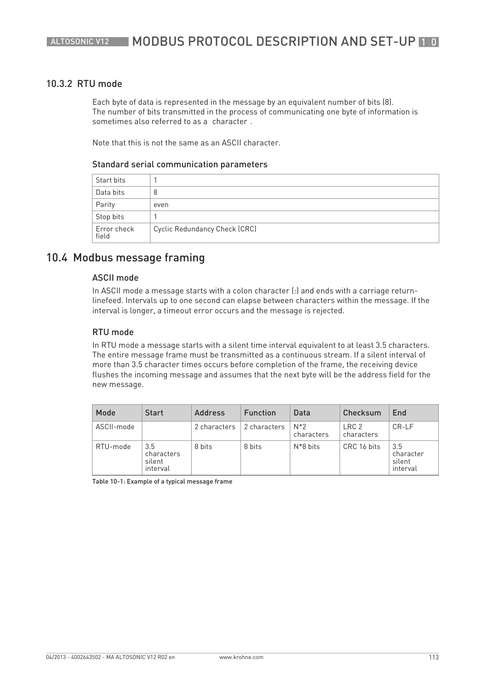 Modbus protocol description and set-up, 4 modbus message framing, 2 rtu mode | KROHNE ALTOSONIC V12 EN User Manual | Page 113 / 144