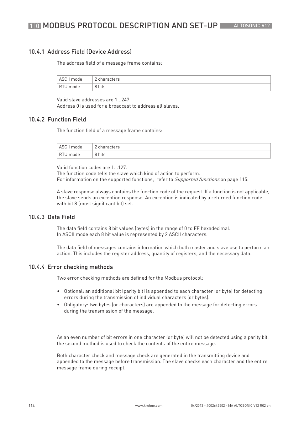 Modbus protocol description and set-up, 1 address field (device address), 2 function field | 3 data field, 4 error checking methods | KROHNE ALTOSONIC V12 EN User Manual | Page 114 / 144