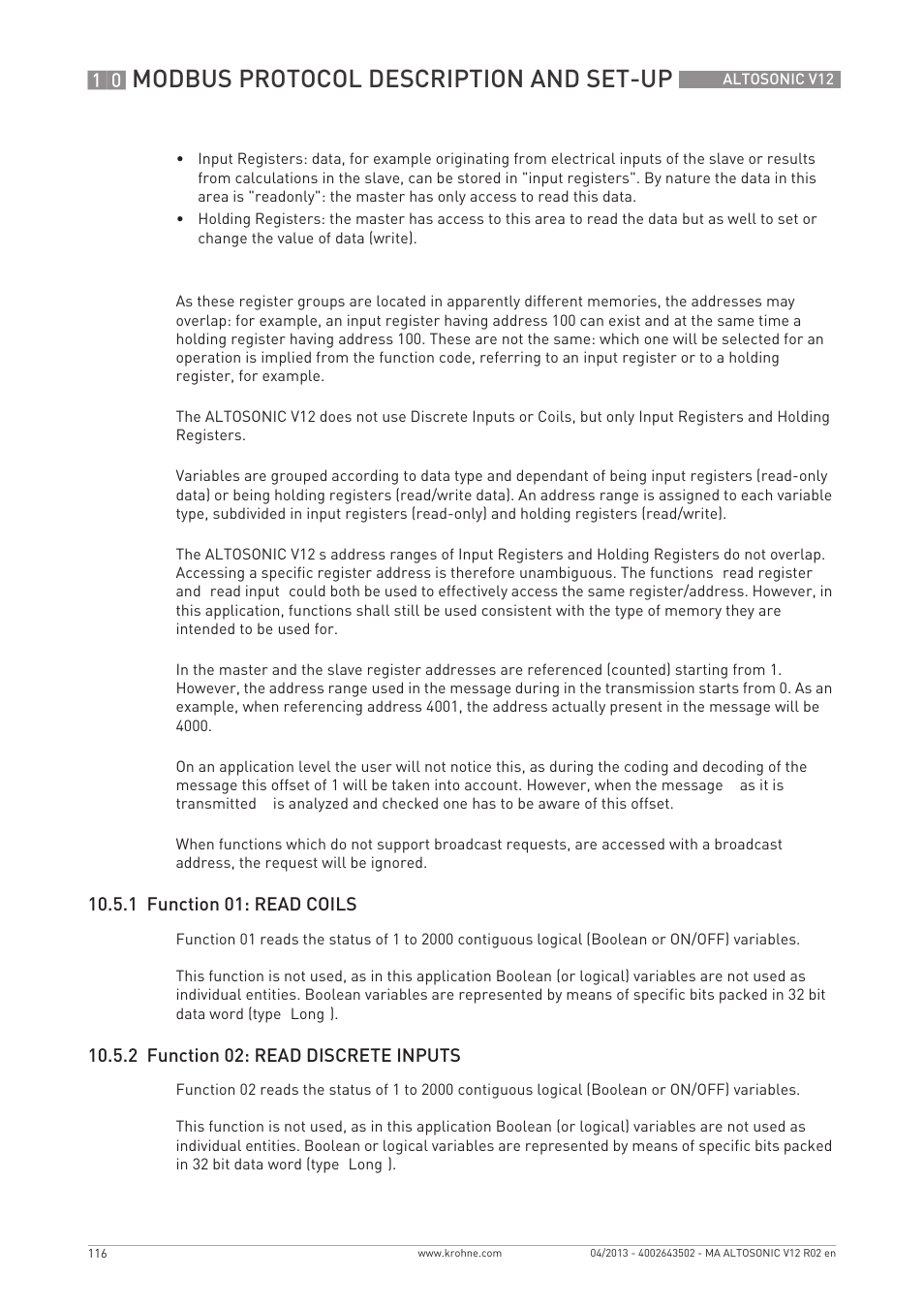 Modbus protocol description and set-up, 1 function 01: read coils, 2 function 02: read discrete inputs | KROHNE ALTOSONIC V12 EN User Manual | Page 116 / 144
