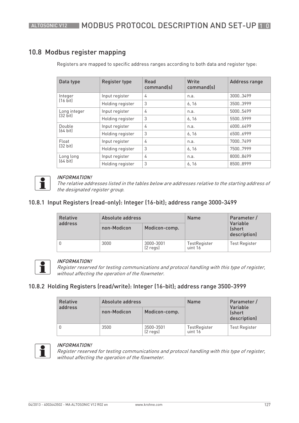 Modbus protocol description and set-up, 8 modbus register mapping | KROHNE ALTOSONIC V12 EN User Manual | Page 127 / 144
