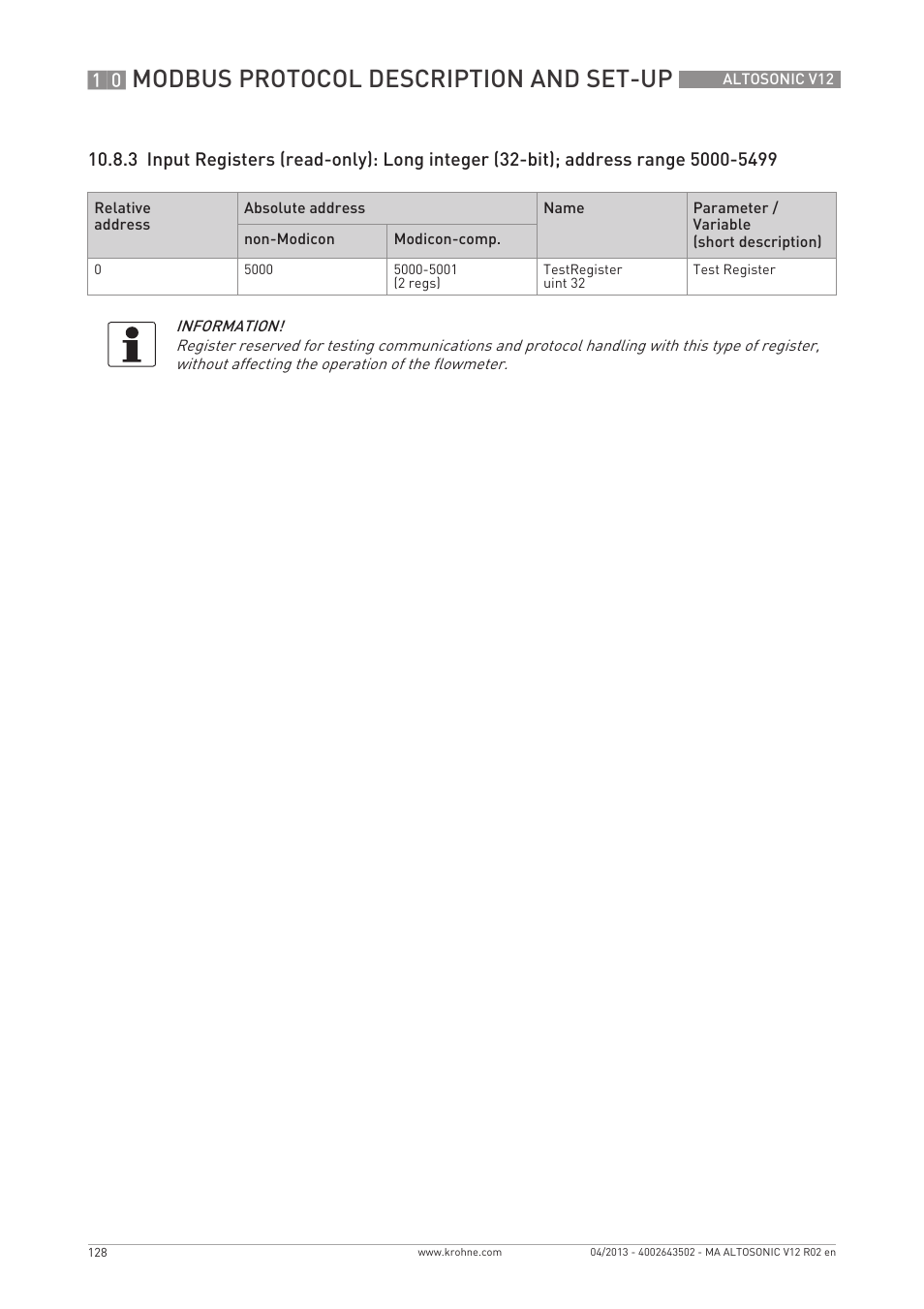 Modbus protocol description and set-up | KROHNE ALTOSONIC V12 EN User Manual | Page 128 / 144