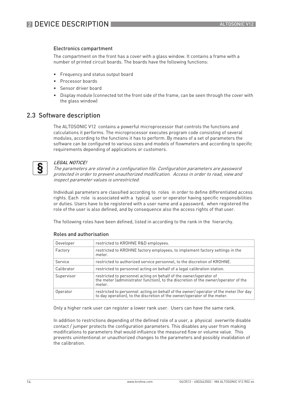 Device description, 3 software description | KROHNE ALTOSONIC V12 EN User Manual | Page 14 / 144