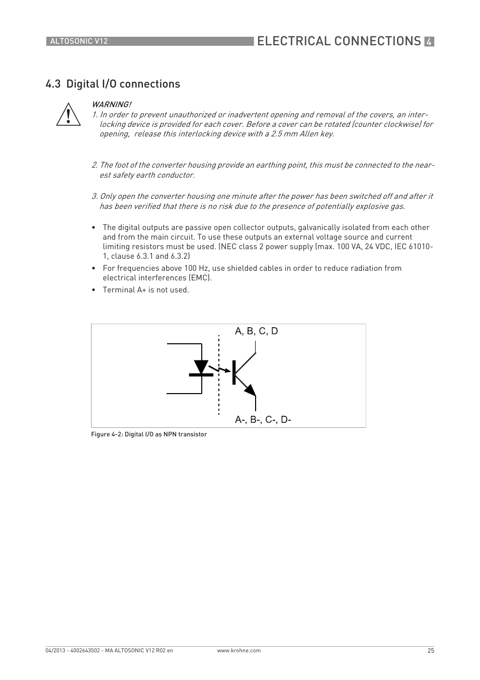 Electrical connections, 3 digital i/o connections | KROHNE ALTOSONIC V12 EN User Manual | Page 25 / 144