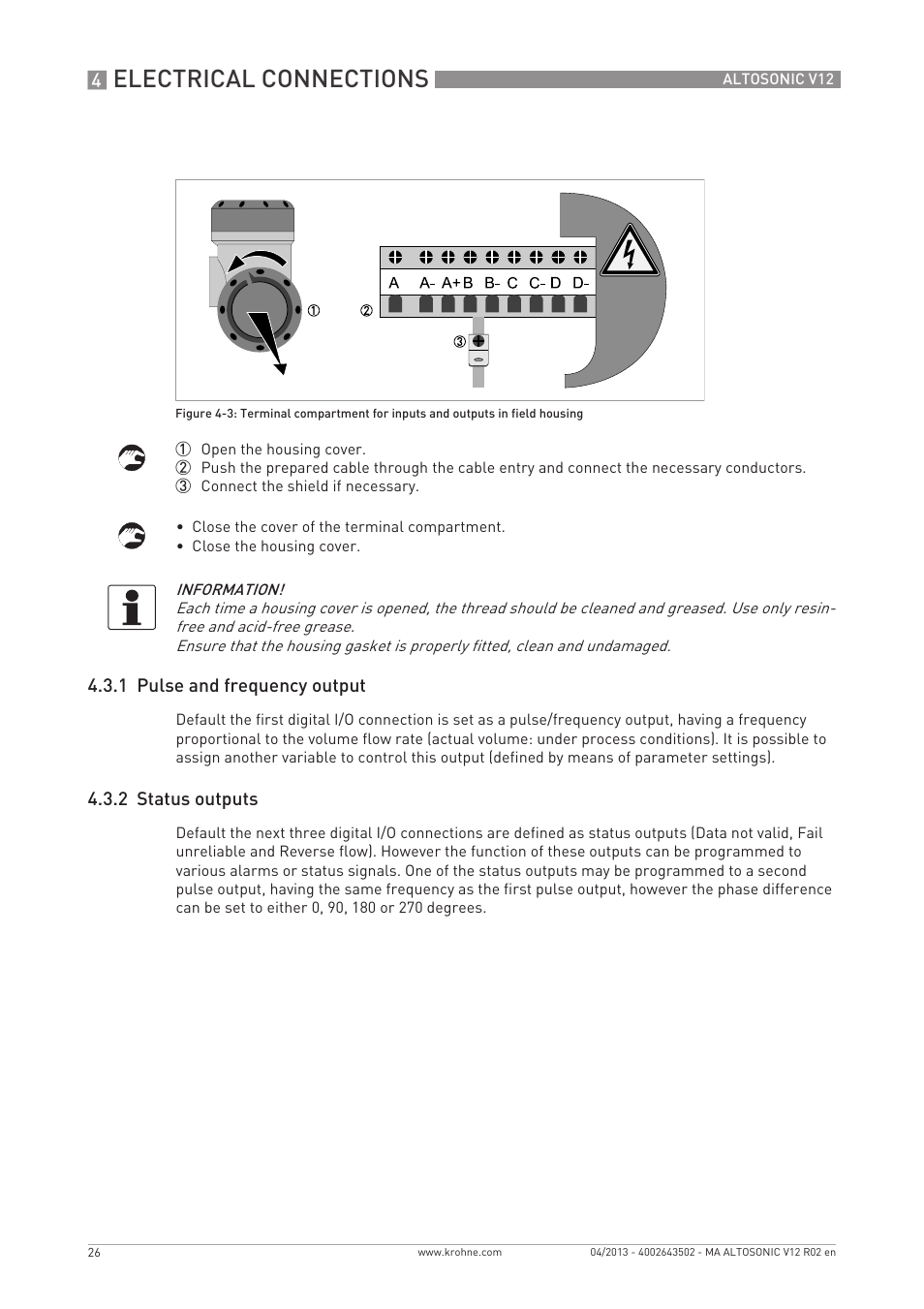 Electrical connections | KROHNE ALTOSONIC V12 EN User Manual | Page 26 / 144