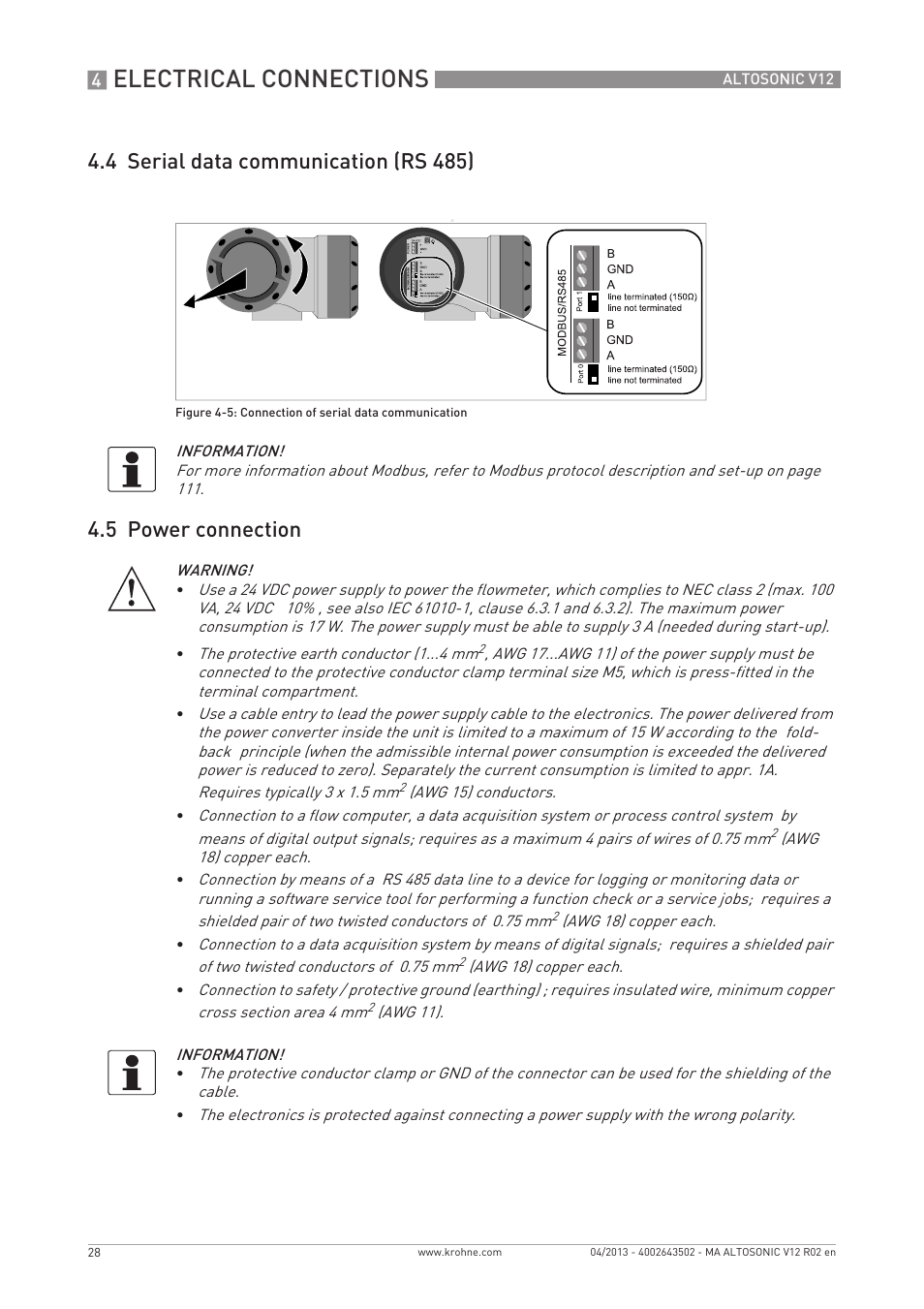 Electrical connections | KROHNE ALTOSONIC V12 EN User Manual | Page 28 / 144
