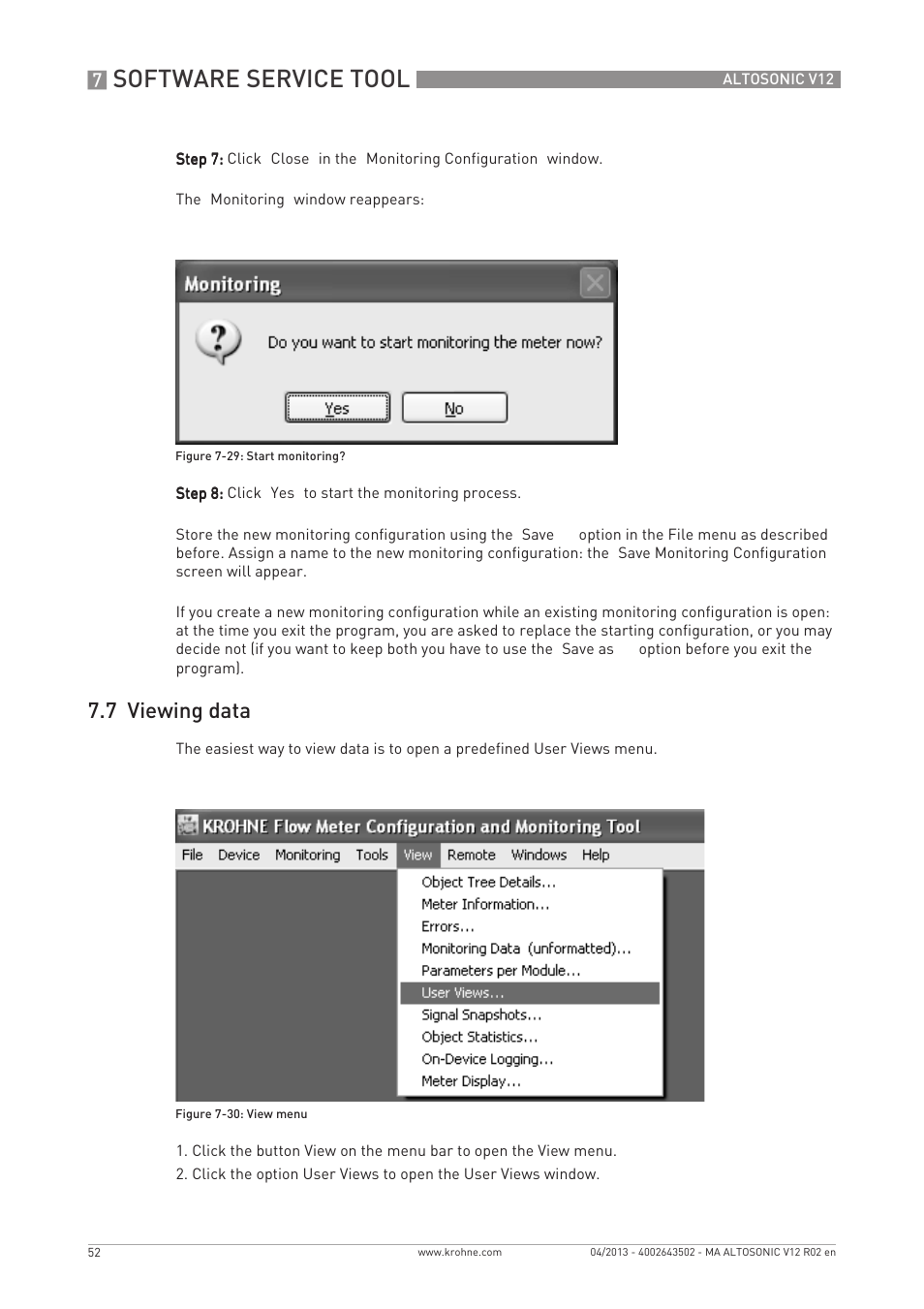 Software service tool, 7 viewing data | KROHNE ALTOSONIC V12 EN User Manual | Page 52 / 144