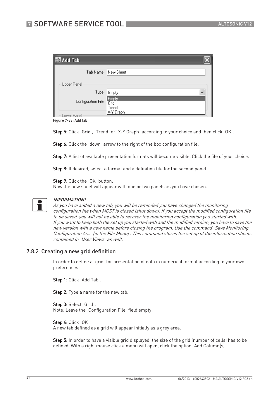 Software service tool, 2 creating a new grid definition | KROHNE ALTOSONIC V12 EN User Manual | Page 56 / 144