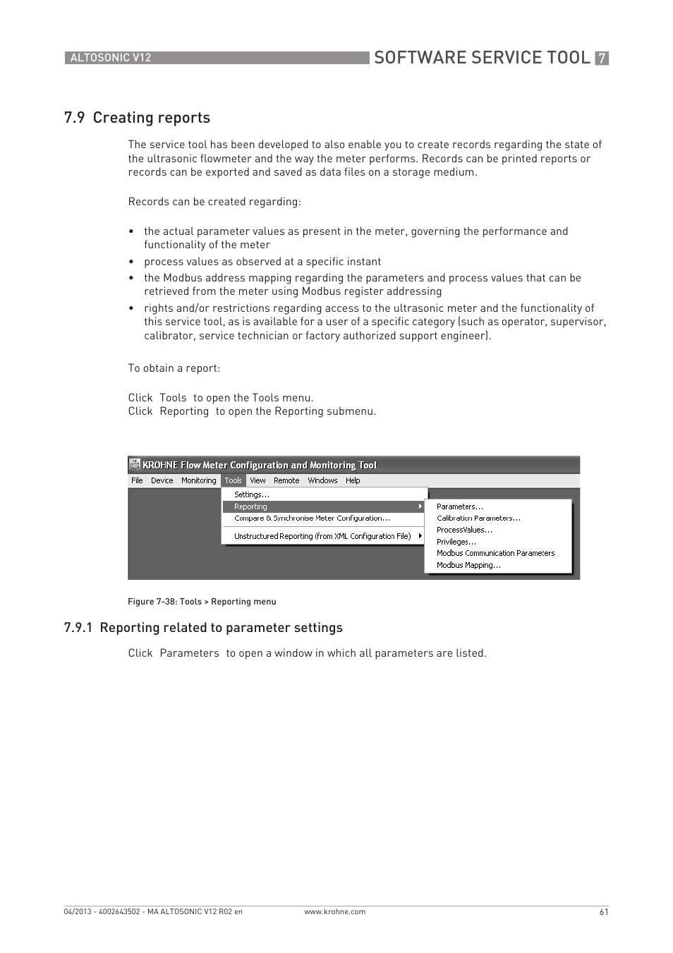 Software service tool, 9 creating reports | KROHNE ALTOSONIC V12 EN User Manual | Page 61 / 144