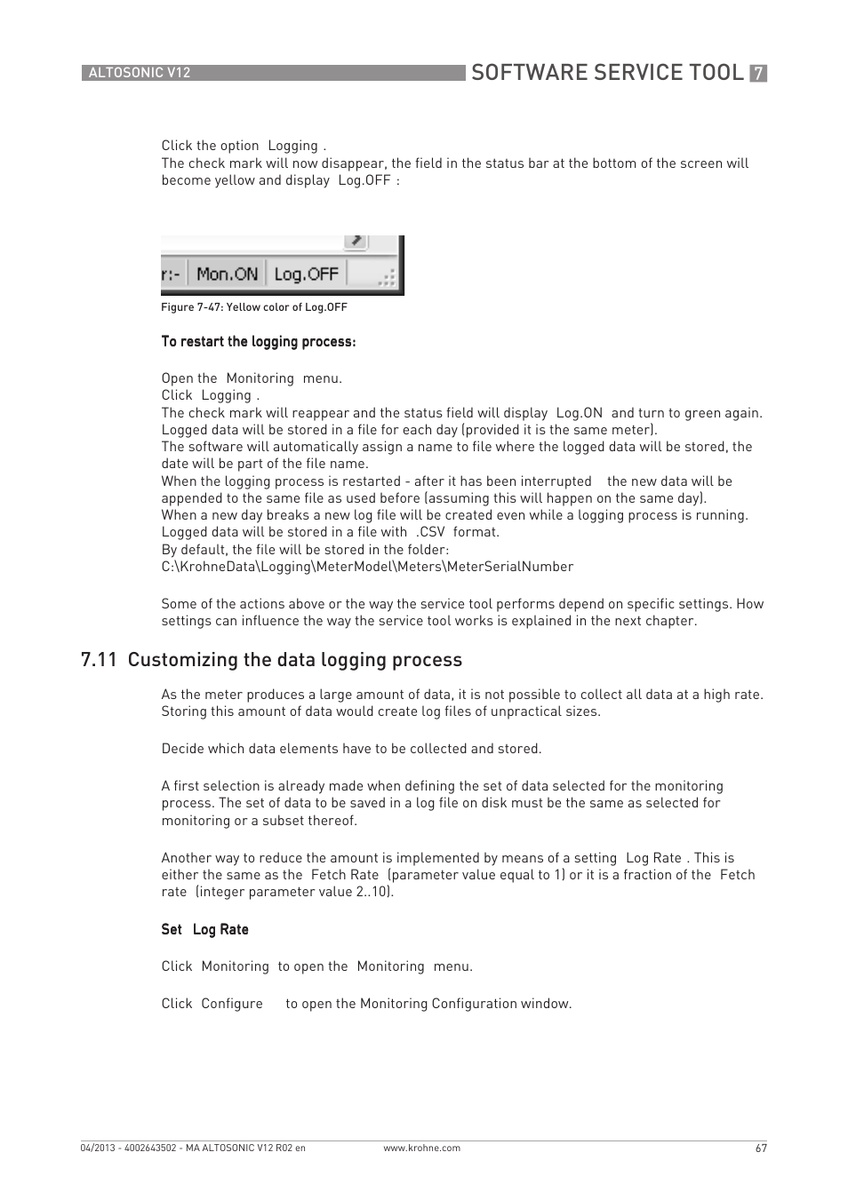 Software service tool, 11 customizing the data logging process | KROHNE ALTOSONIC V12 EN User Manual | Page 67 / 144