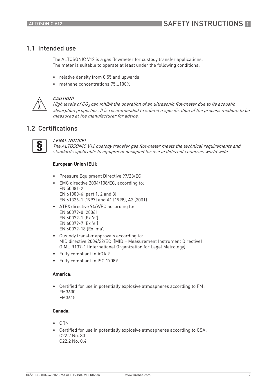 Safety instructions, 1 intended use, 2 certifications | KROHNE ALTOSONIC V12 EN User Manual | Page 7 / 144