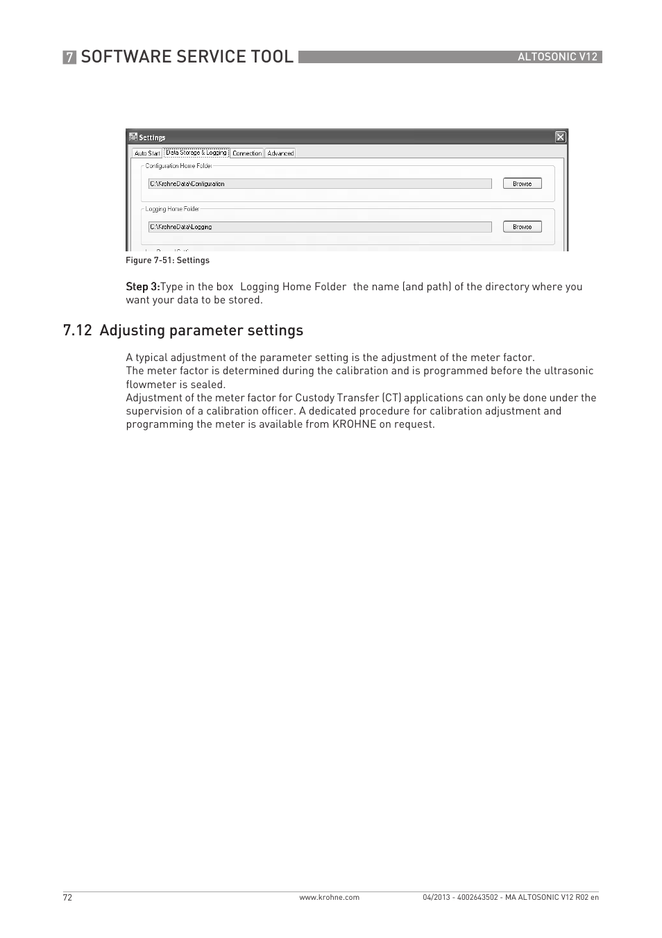 Software service tool, 12 adjusting parameter settings | KROHNE ALTOSONIC V12 EN User Manual | Page 72 / 144