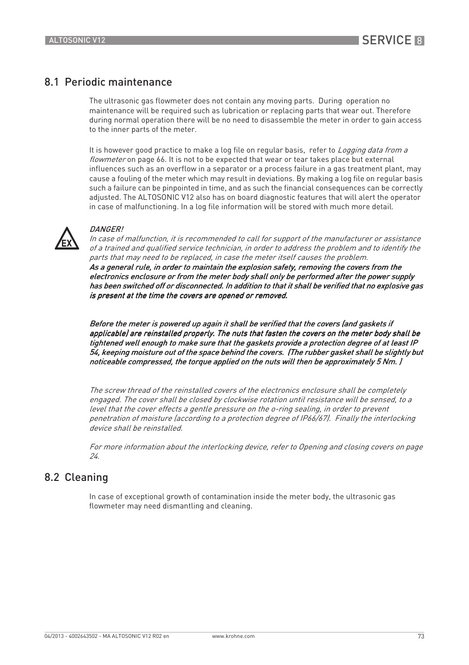 Service, 1 periodic maintenance, 2 cleaning | KROHNE ALTOSONIC V12 EN User Manual | Page 73 / 144