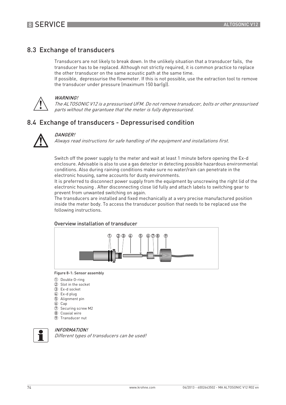 Service, 3 exchange of transducers | KROHNE ALTOSONIC V12 EN User Manual | Page 74 / 144