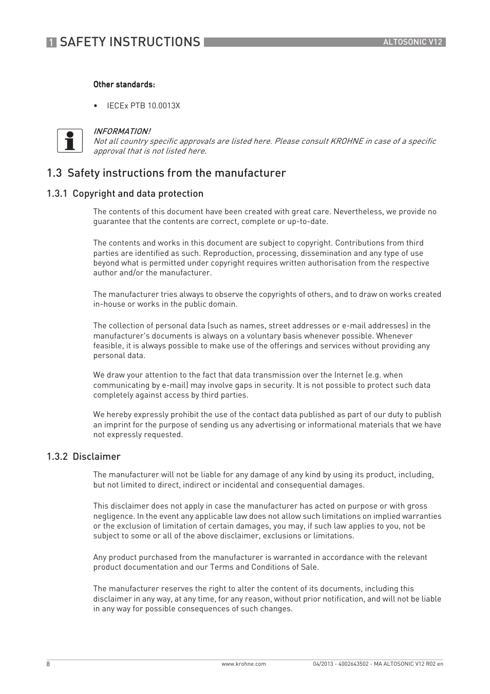 Safety instructions, 3 safety instructions from the manufacturer | KROHNE ALTOSONIC V12 EN User Manual | Page 8 / 144