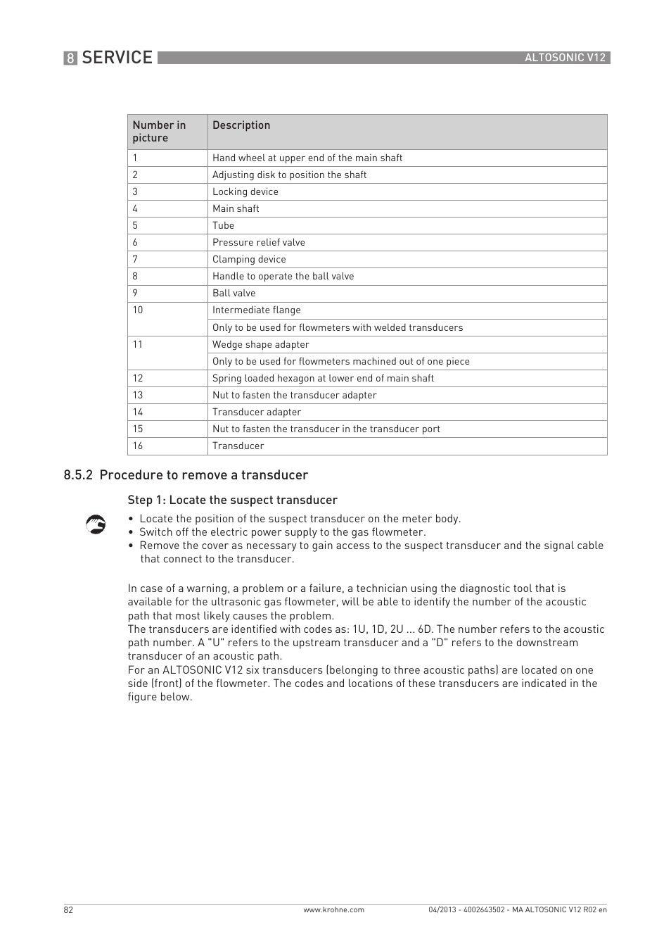 Service, 2 procedure to remove a transducer | KROHNE ALTOSONIC V12 EN User Manual | Page 82 / 144
