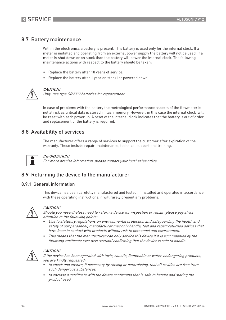 Service, 7 battery maintenance, 8 availability of services | 9 returning the device to the manufacturer | KROHNE ALTOSONIC V12 EN User Manual | Page 96 / 144