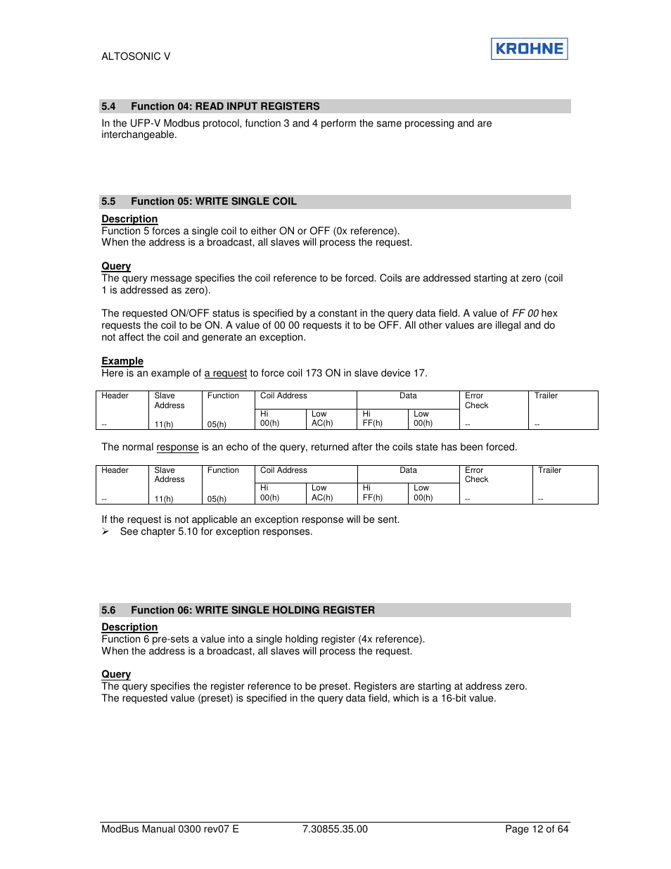 KROHNE ALTOSONIC V Modbus EN User Manual | Page 12 / 64