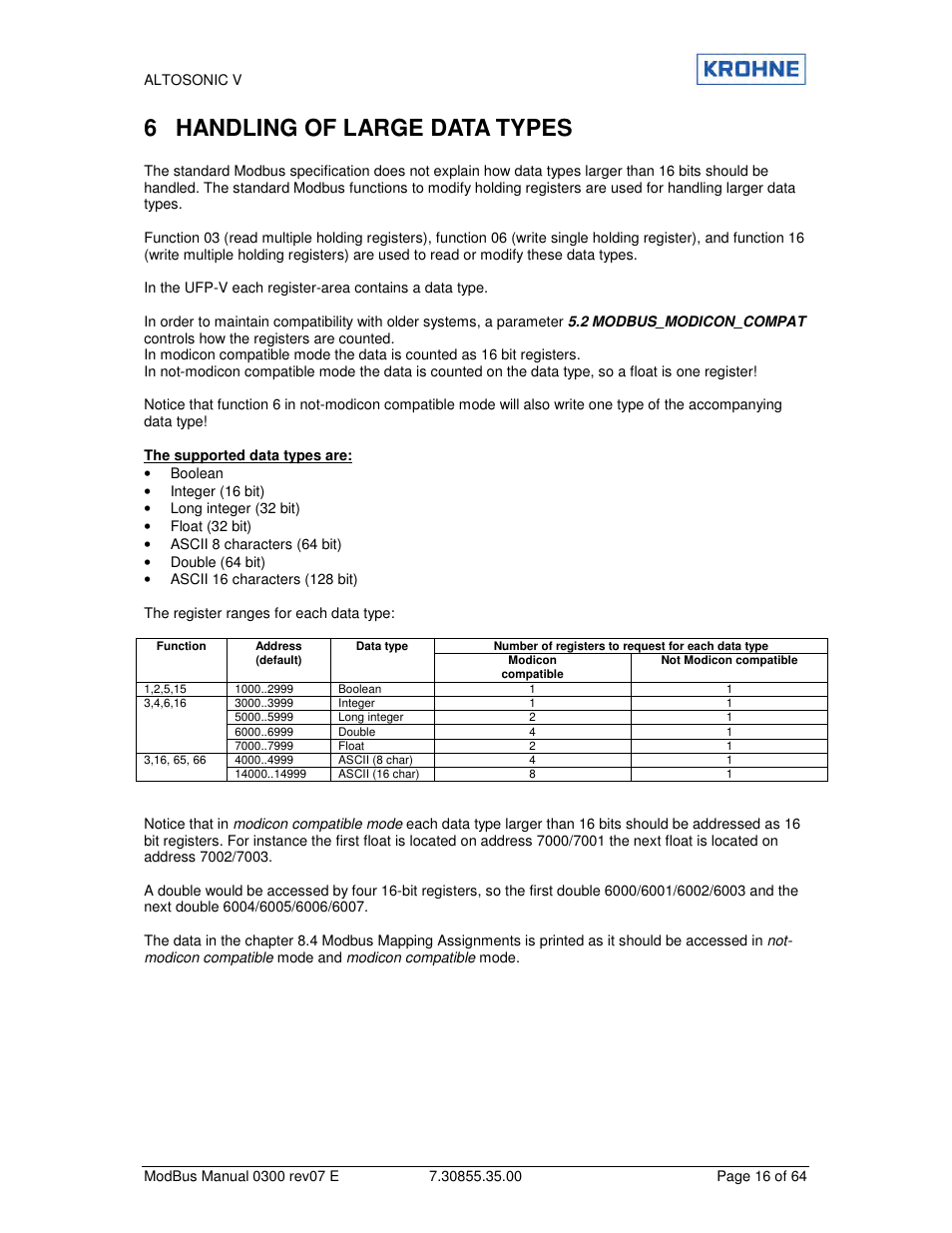 6 handling of large data types | KROHNE ALTOSONIC V Modbus EN User Manual | Page 16 / 64