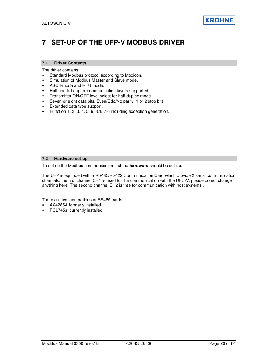 7 set-up of the ufp-v modbus driver | KROHNE ALTOSONIC V Modbus EN User Manual | Page 20 / 64