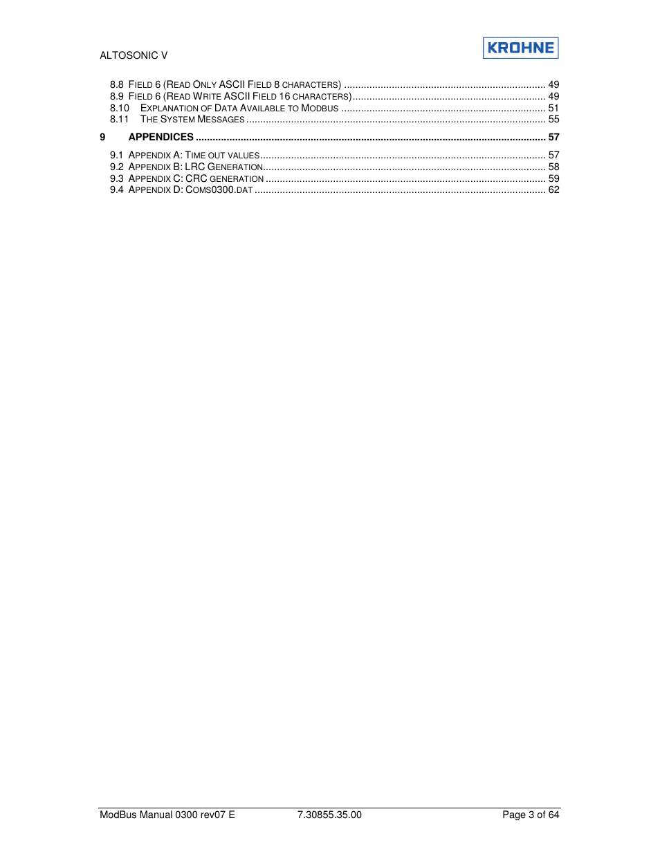 KROHNE ALTOSONIC V Modbus EN User Manual | Page 3 / 64