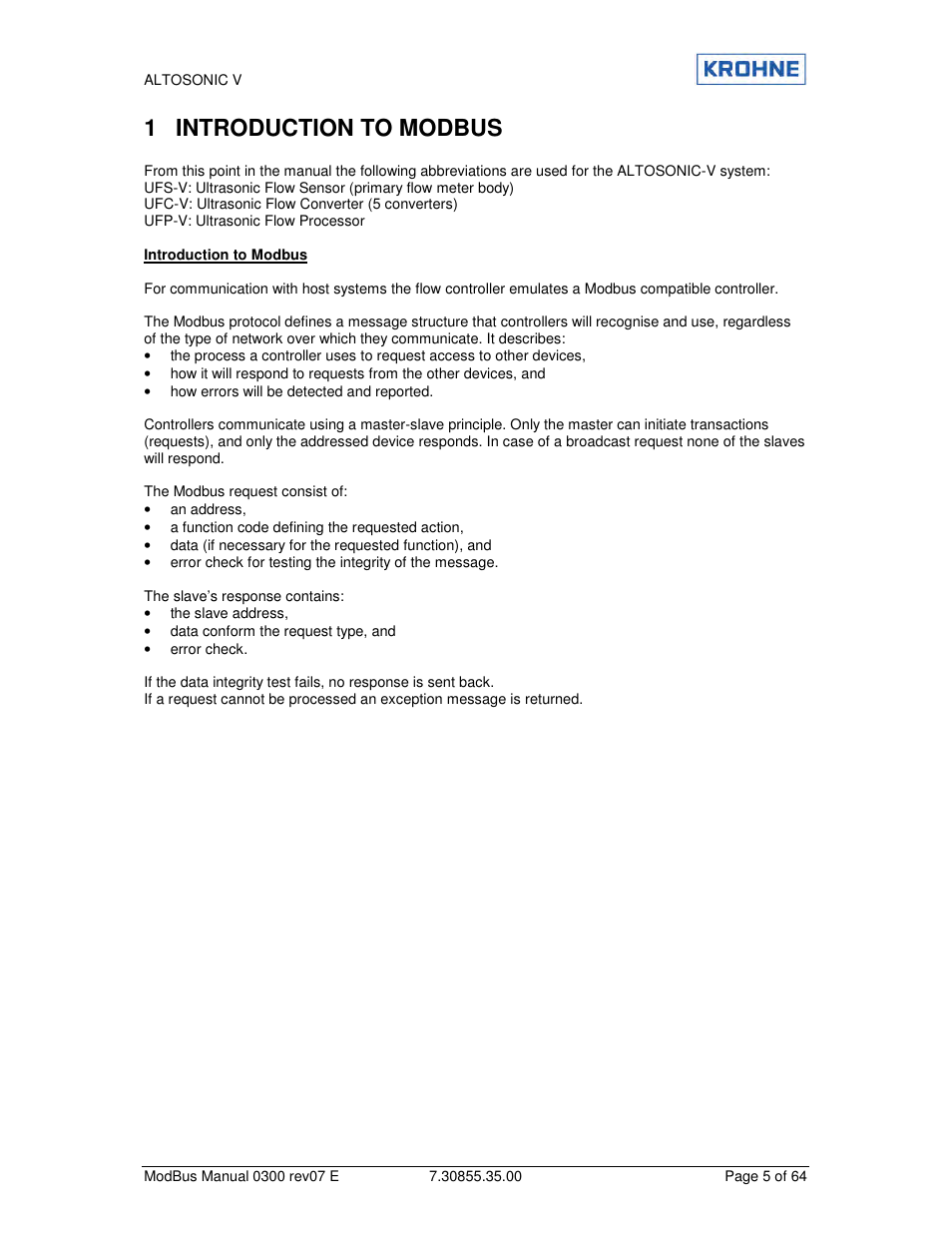 1 introduction to modbus | KROHNE ALTOSONIC V Modbus EN User Manual | Page 5 / 64