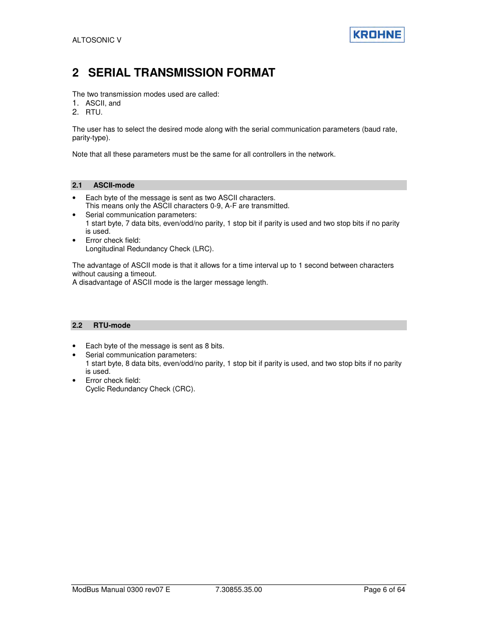 2 serial transmission format | KROHNE ALTOSONIC V Modbus EN User Manual | Page 6 / 64