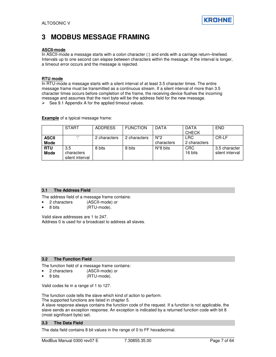 3 modbus message framing | KROHNE ALTOSONIC V Modbus EN User Manual | Page 7 / 64