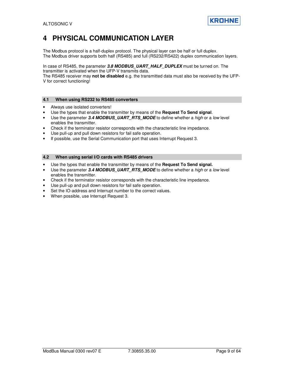 4 physical communication layer | KROHNE ALTOSONIC V Modbus EN User Manual | Page 9 / 64