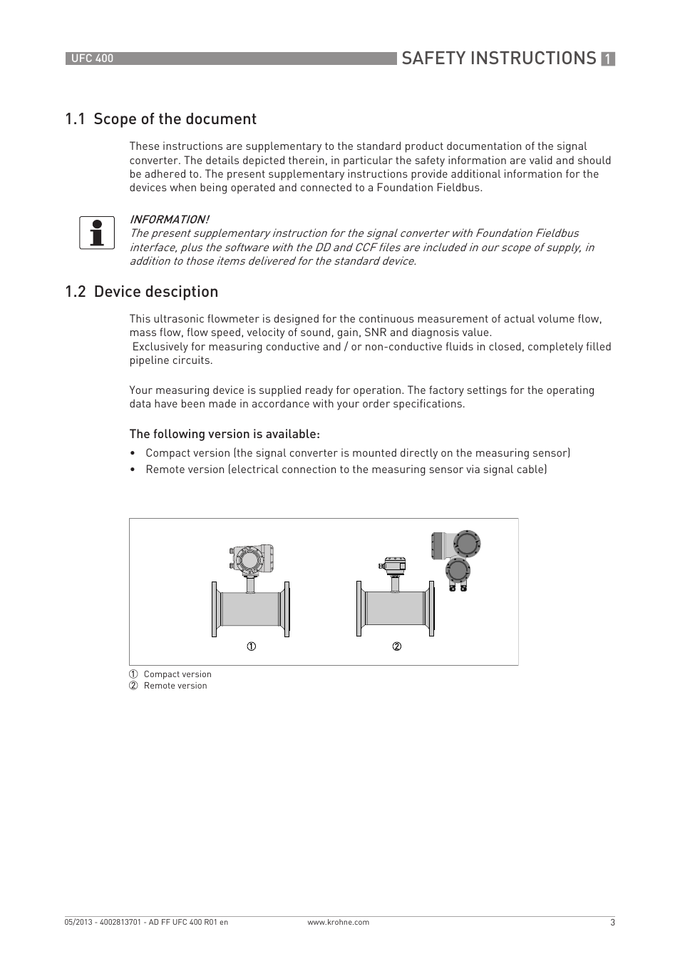 Safety instructions, 1 scope of the document, 2 device desciption | KROHNE UFC 400 FOUNDATION FIELDBUS EN User Manual | Page 3 / 76