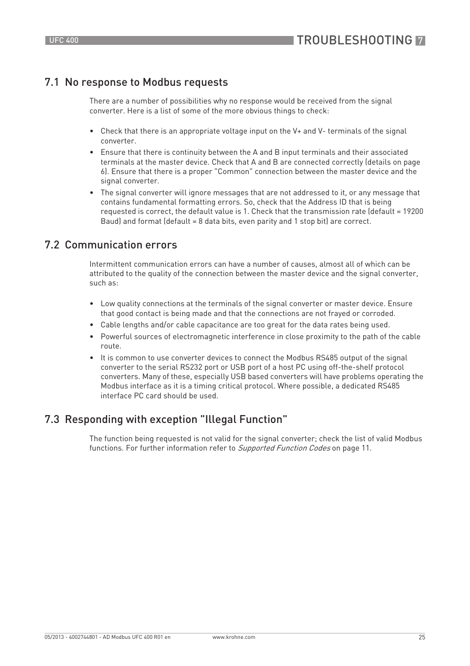 Troubleshooting, 1 no response to modbus requests, 2 communication errors | 3 responding with exception "illegal function | KROHNE UFC 400 Modbus EN User Manual | Page 25 / 32