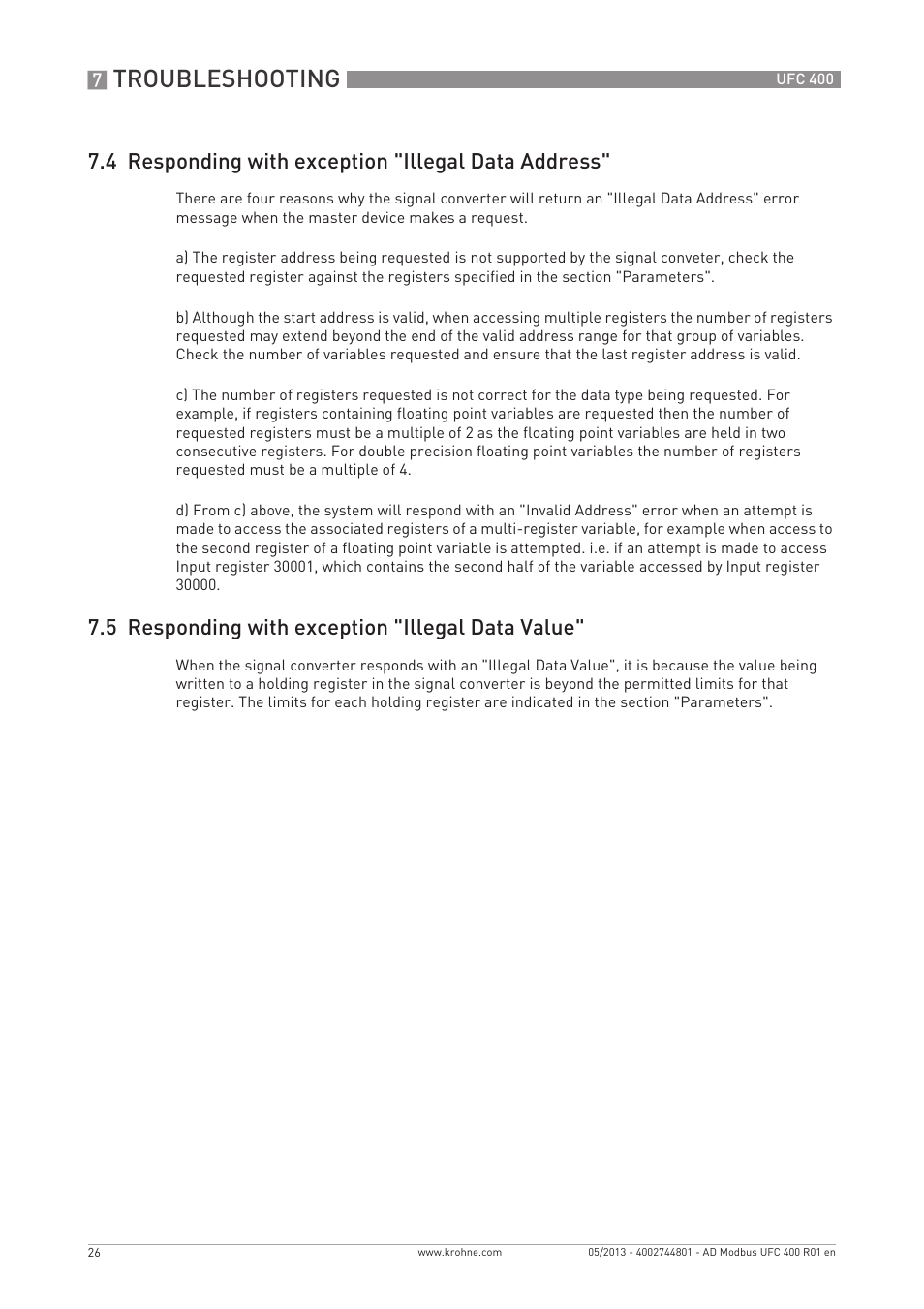 Troubleshooting, 4 responding with exception "illegal data address, 5 responding with exception "illegal data value | KROHNE UFC 400 Modbus EN User Manual | Page 26 / 32