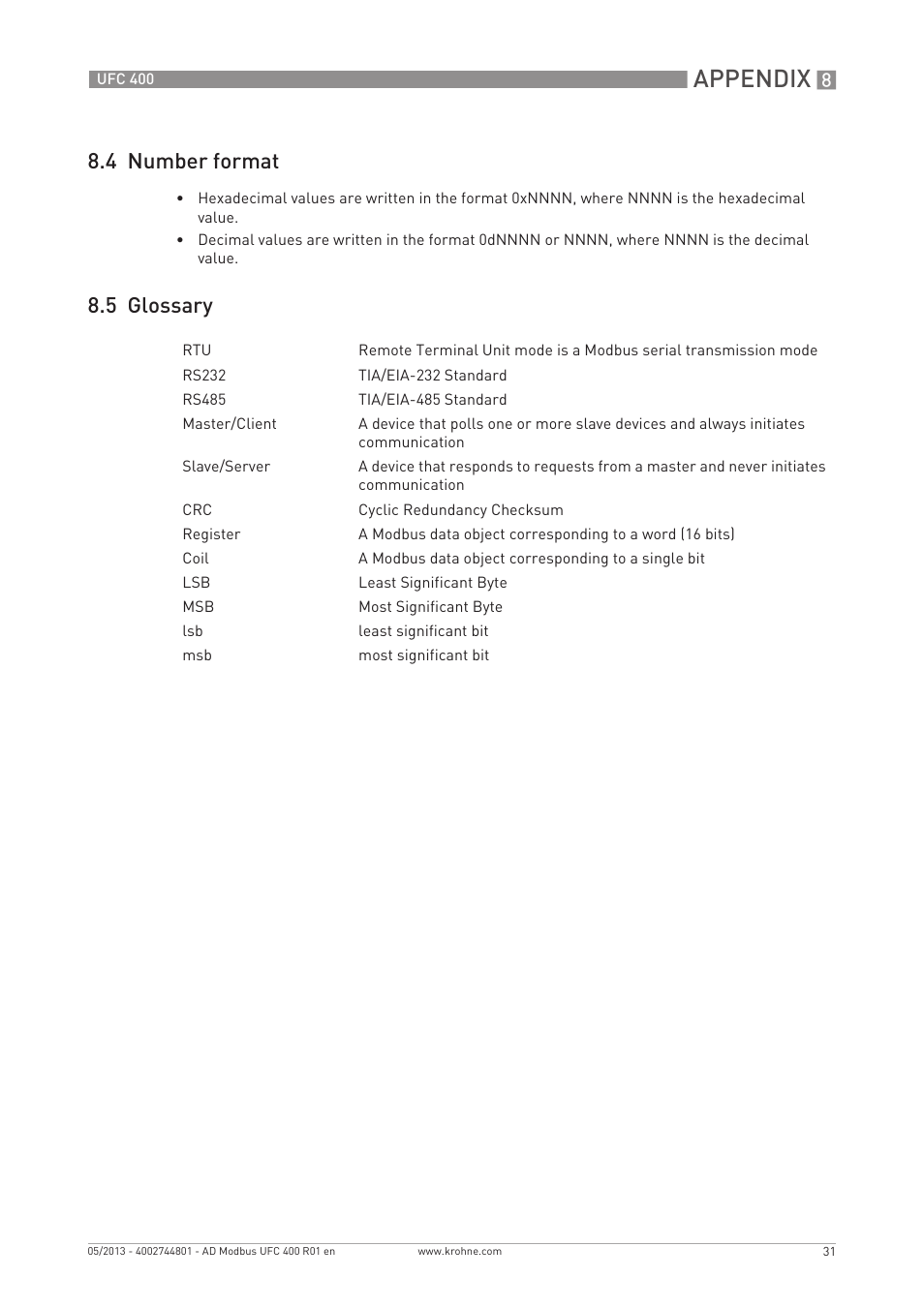 Appendix, 4 number format, 5 glossary | KROHNE UFC 400 Modbus EN User Manual | Page 31 / 32