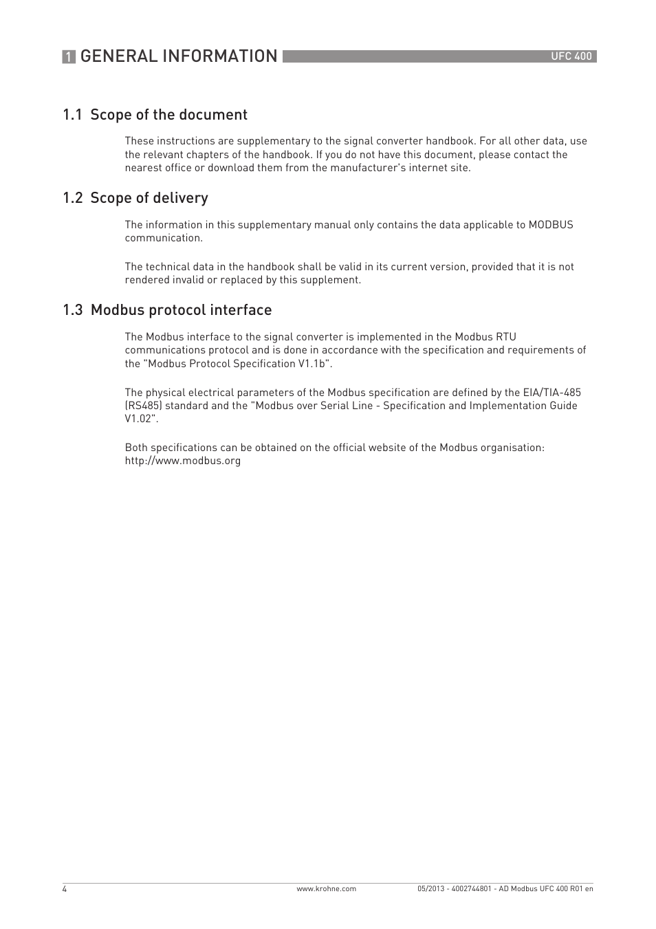 General information, 1 scope of the document, 2 scope of delivery | 3 modbus protocol interface | KROHNE UFC 400 Modbus EN User Manual | Page 4 / 32
