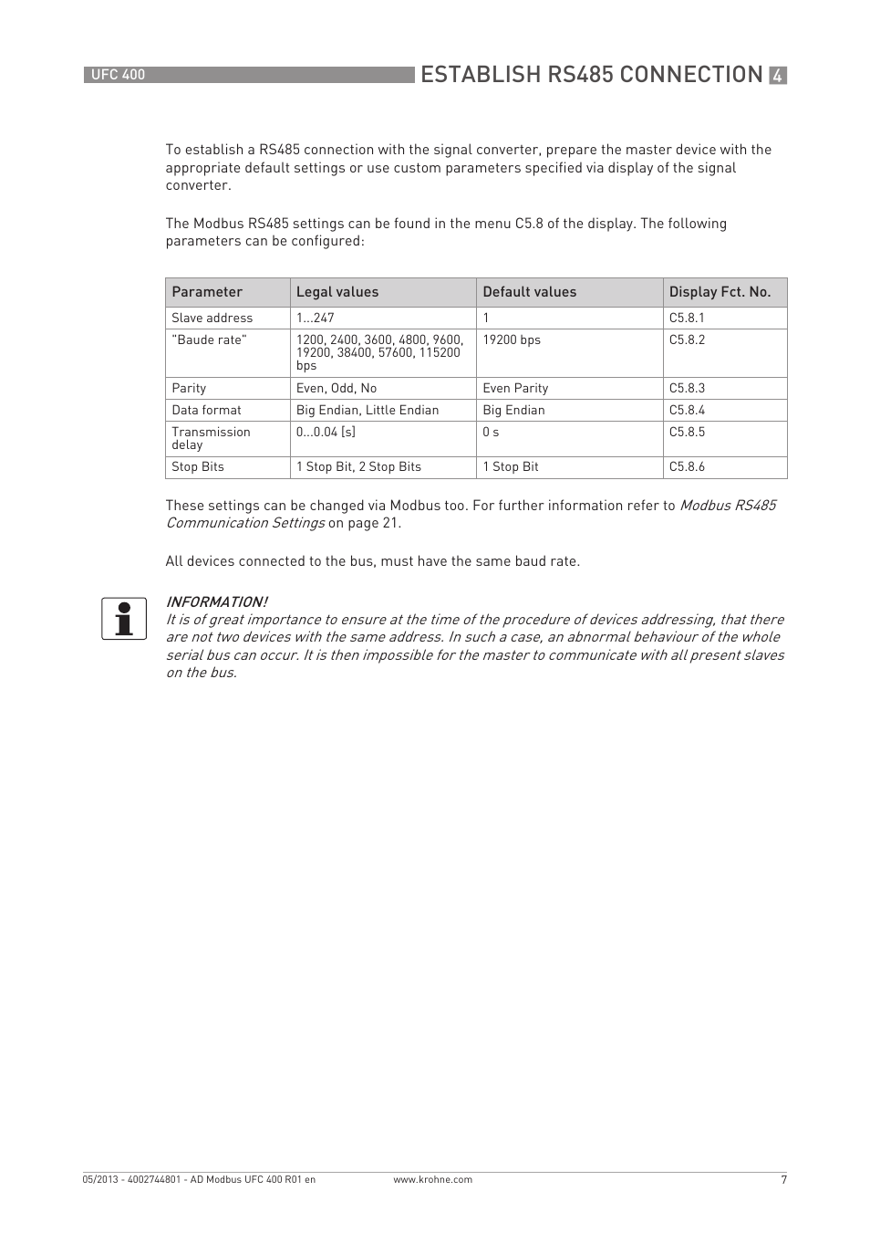 Establish rs485 connection | KROHNE UFC 400 Modbus EN User Manual | Page 7 / 32
