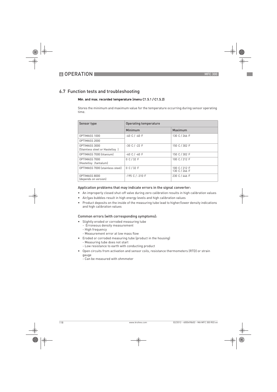 Operation, 7 function tests and troubleshooting | KROHNE MFC 300 EN User Manual | Page 118 / 180