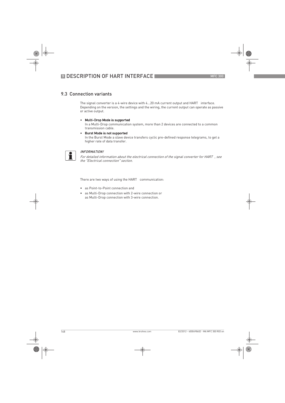 Description of hart interface, 3 connection variants | KROHNE MFC 300 EN User Manual | Page 148 / 180