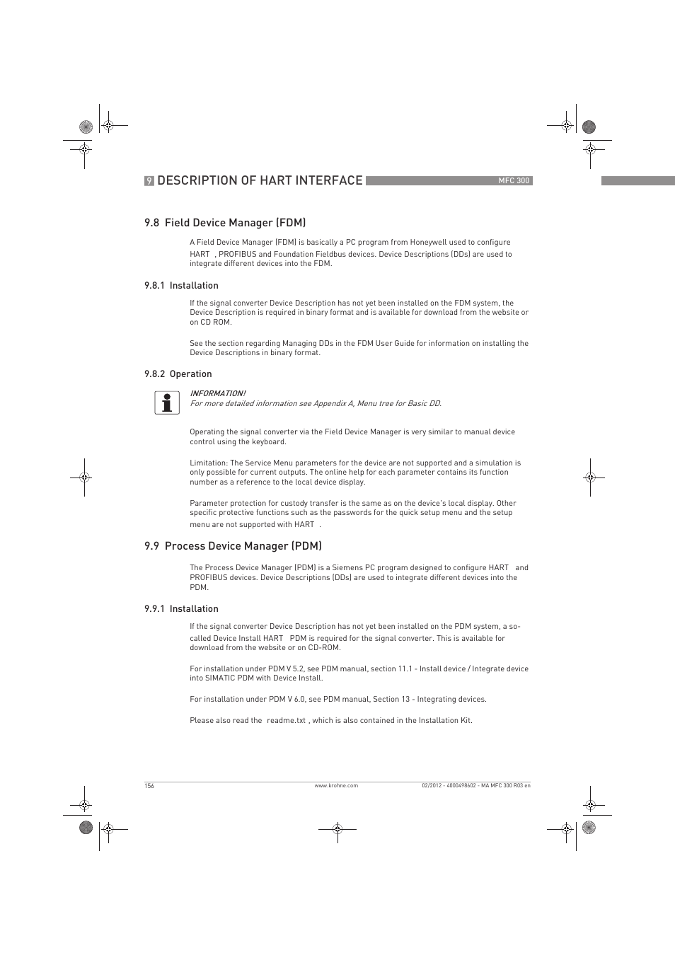 Description of hart interface, 8 field device manager (fdm), 9 process device manager (pdm) | KROHNE MFC 300 EN User Manual | Page 156 / 180