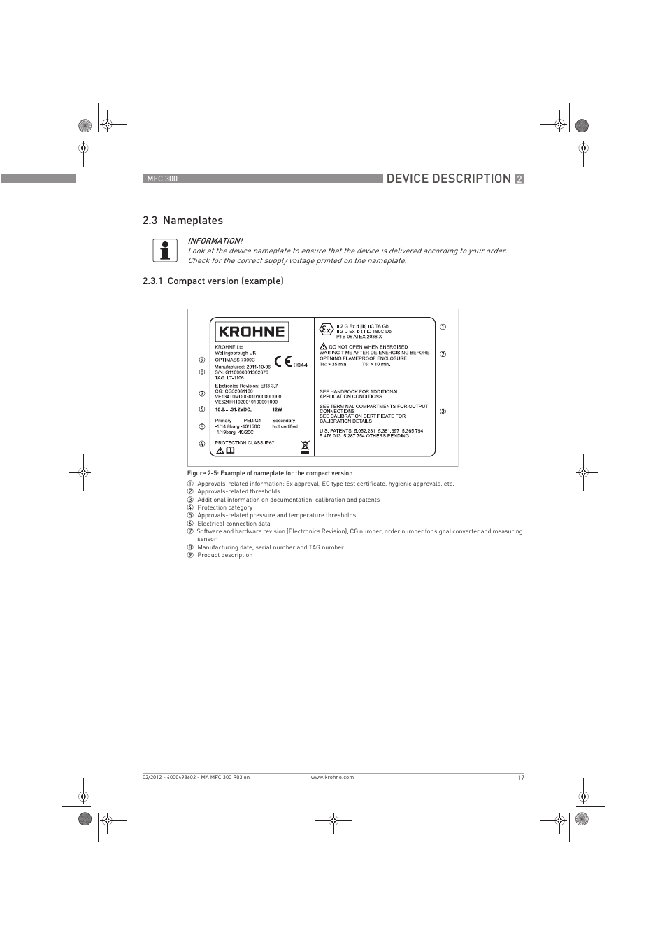Device description, 3 nameplates | KROHNE MFC 300 EN User Manual | Page 17 / 180