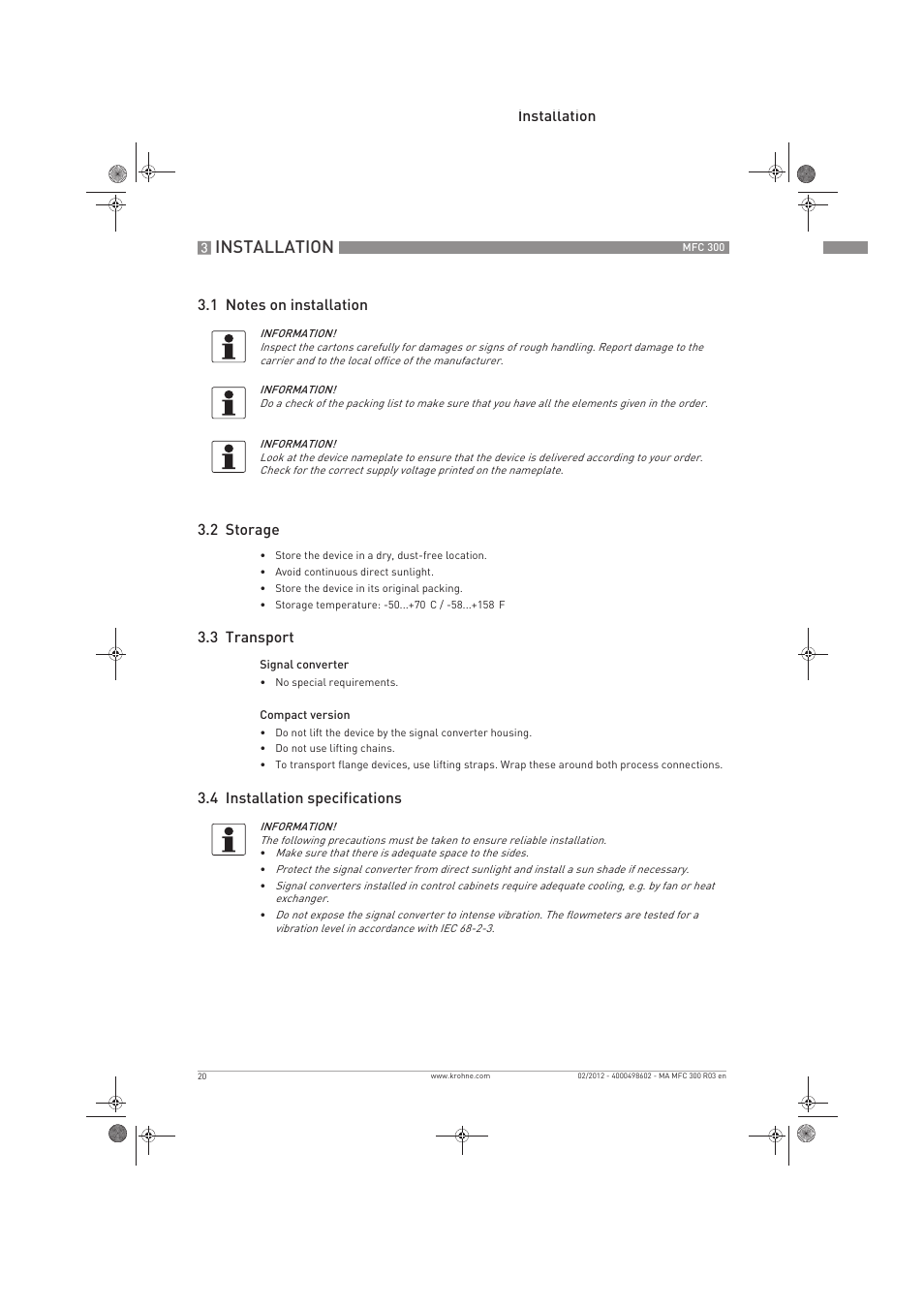 Installation | KROHNE MFC 300 EN User Manual | Page 20 / 180