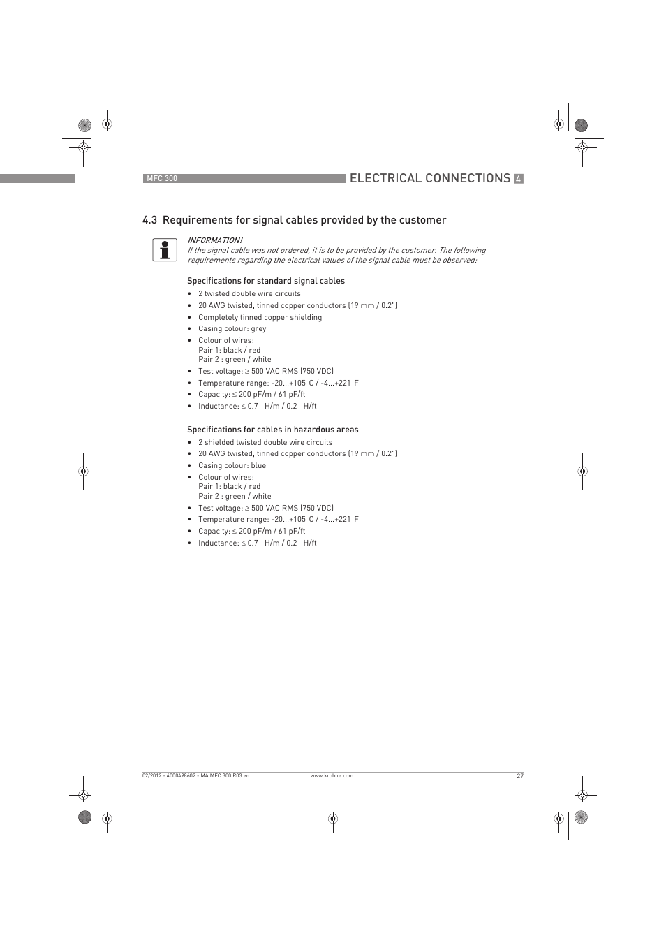 Electrical connections | KROHNE MFC 300 EN User Manual | Page 27 / 180