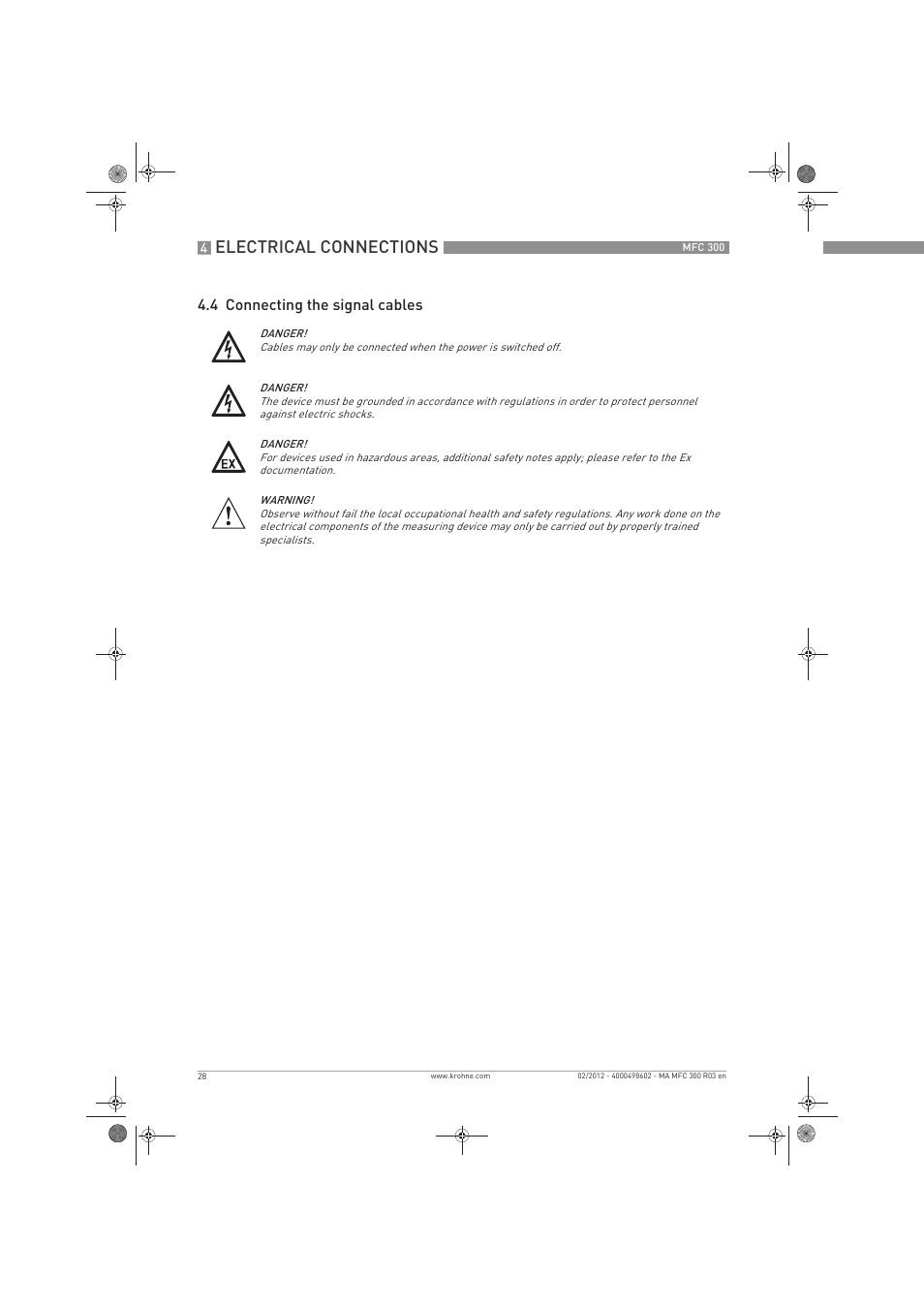 Electrical connections, 4 connecting the signal cables | KROHNE MFC 300 EN User Manual | Page 28 / 180