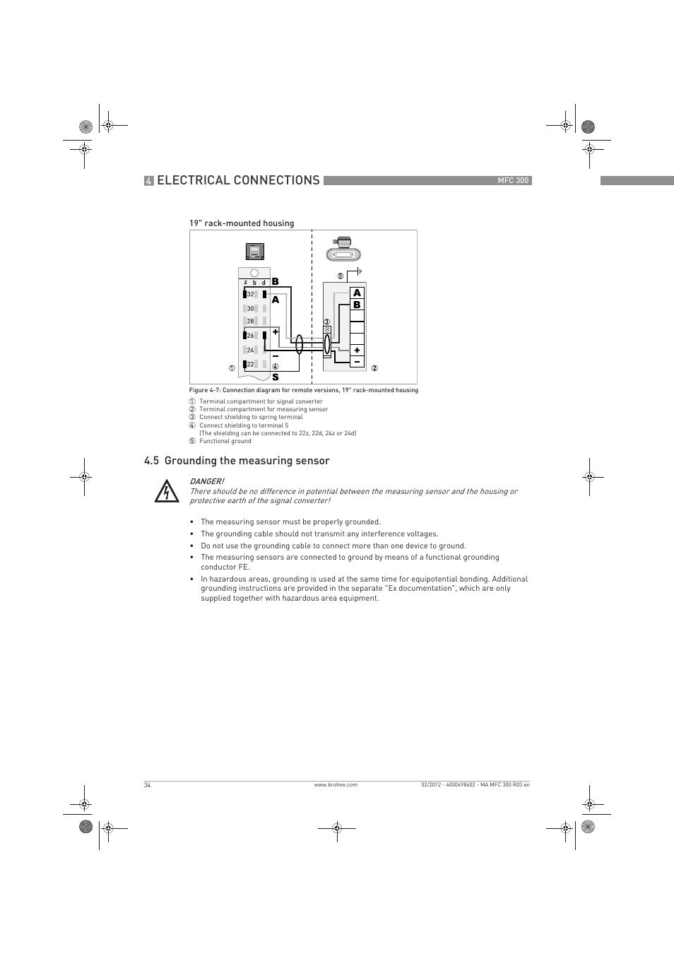 Electrical connections, 5 grounding the measuring sensor | KROHNE MFC 300 EN User Manual | Page 34 / 180