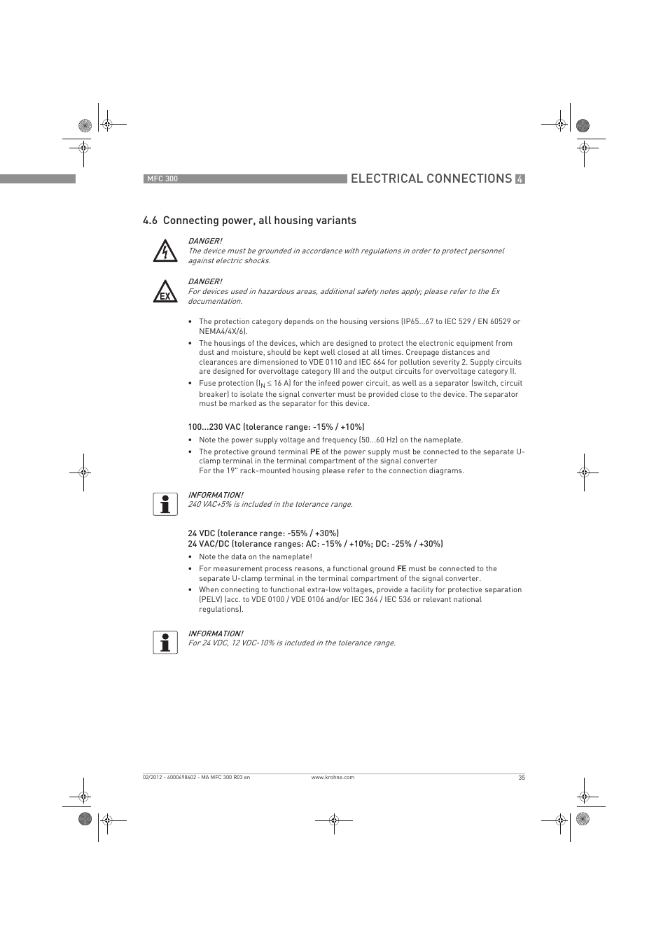 Electrical connections, 6 connecting power, all housing variants | KROHNE MFC 300 EN User Manual | Page 35 / 180