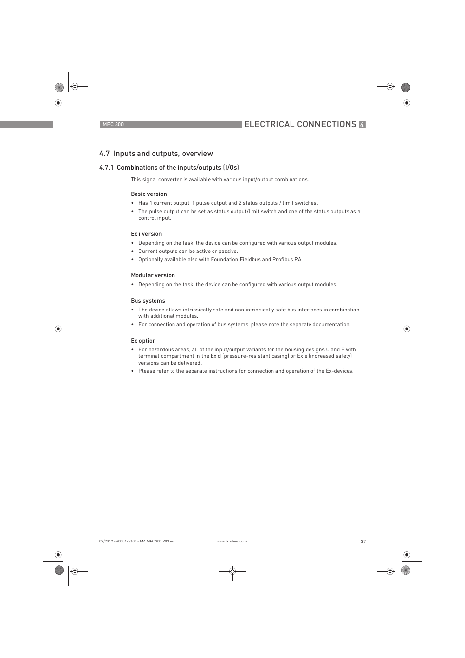 Electrical connections, 7 inputs and outputs, overview | KROHNE MFC 300 EN User Manual | Page 37 / 180